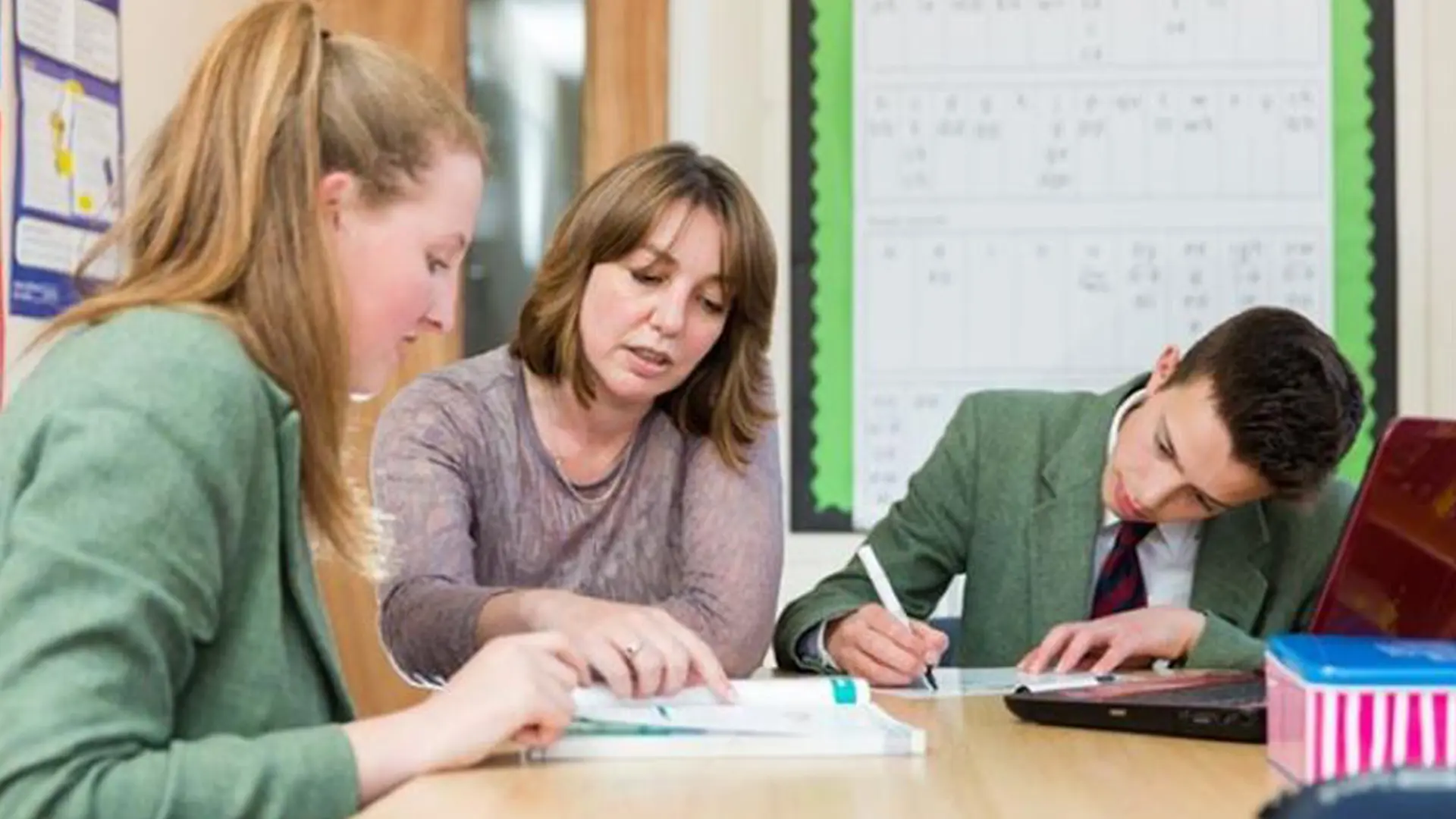 alumnos recibiendo apoyo de una maestra en el curso escolar en inglaterra en Oswestry School