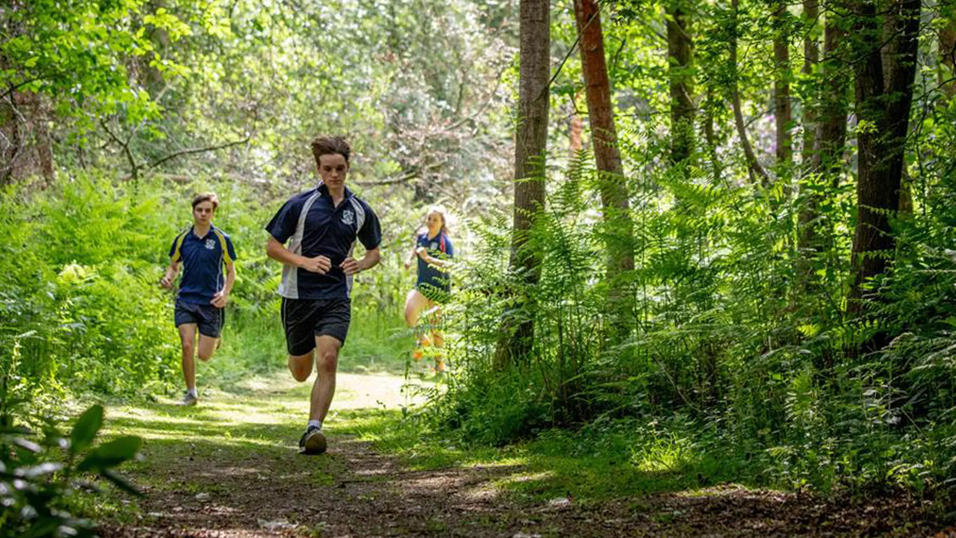 alumnos practicando deporte al aire libre, haciendo running en el bosque en el curso escolar en inglaterra en Sherfield School
